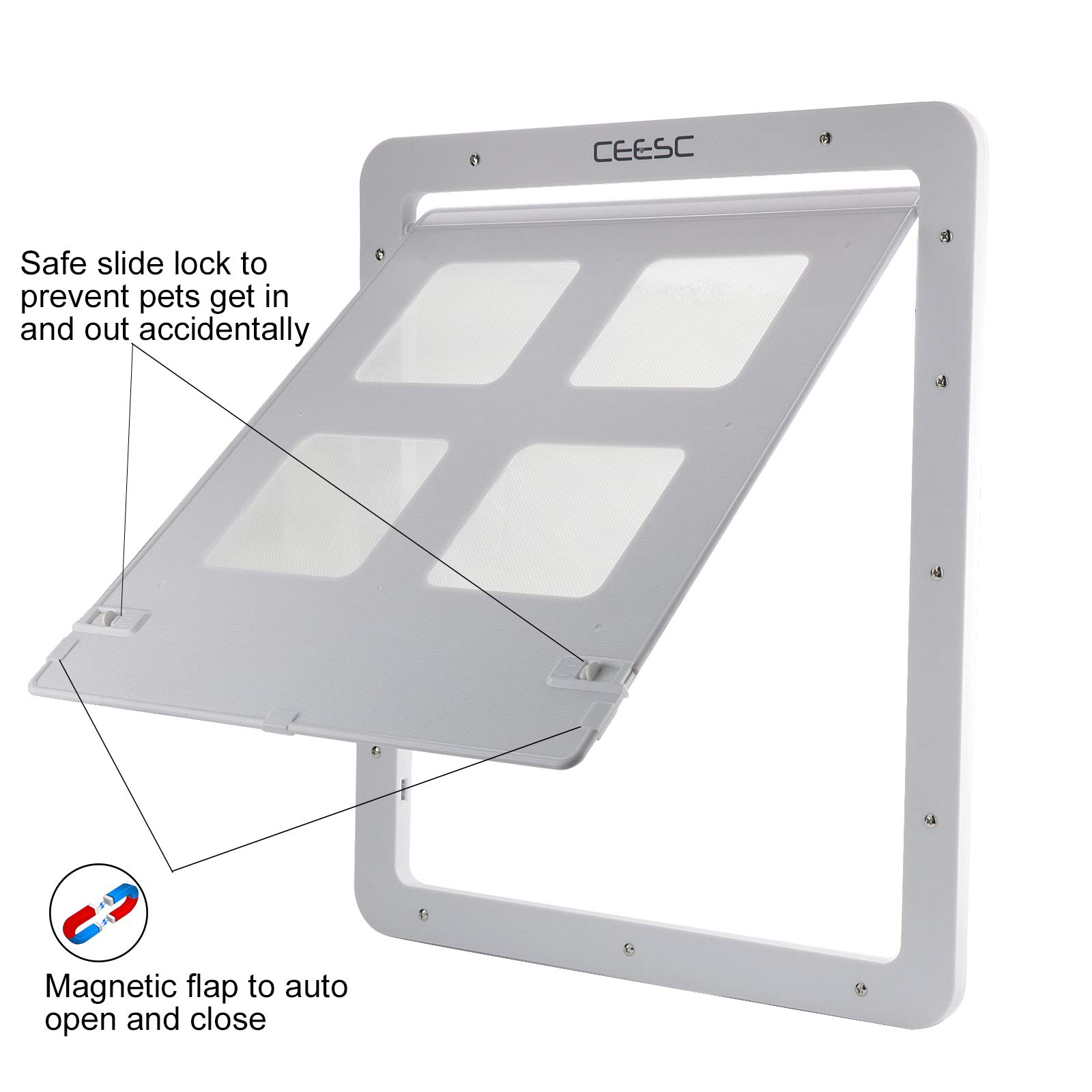 CEESC Puerta mosquitera para perros y mascotas, con cerradura (14.5 x 16.9 pulgadas, grande, blanco)