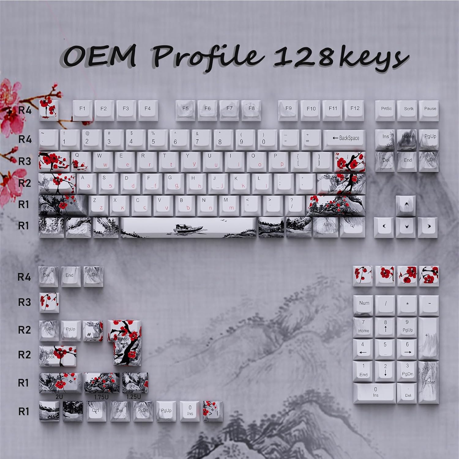 128Keys Plum Blossom OEM Profile Keycaps Thick Keycaps for 96 104 108 for Mechanical Keyboards Switches 7 Languages Game Keyboards Keycap
