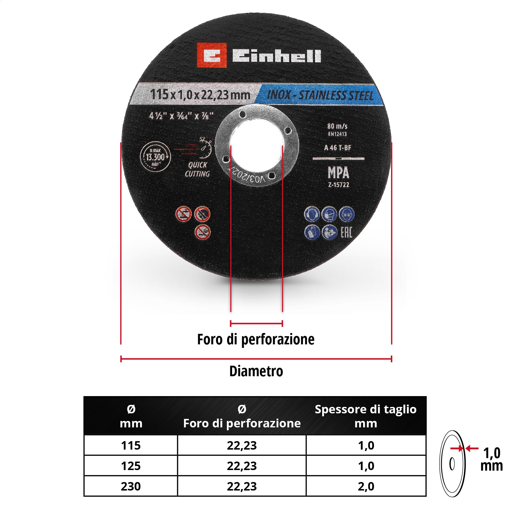 Einhell 100 pezzi set di dischi da taglio per metallo, Inox, Ø 115 x 1 mm | Taglio di precisione | lavorazione del metallo | foro da 22,23 mm | certificato MPA | versione piana | confezione inclusa