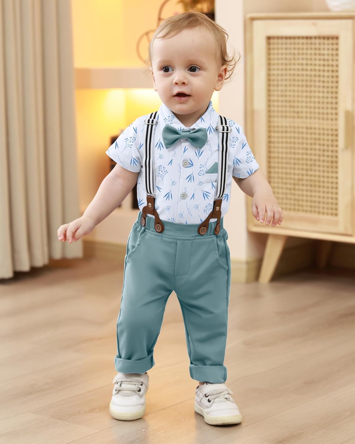 WESIDOM Baby Boy Clothes Suit 0-24M Infant Gentleman Wedding Outfit, Shirt+Bowtie+Beret+Suspender Pants Clothing Set - Image 2