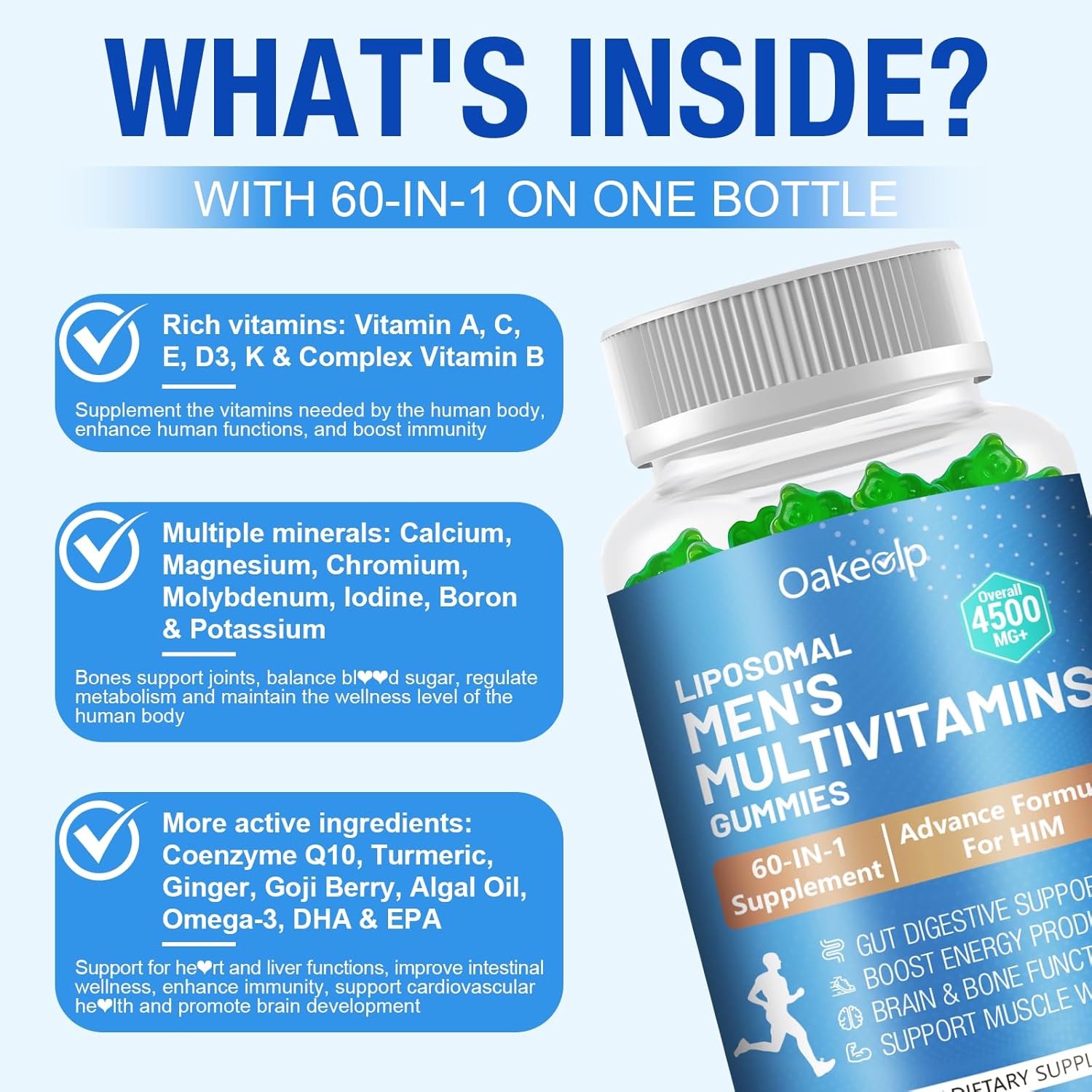2 Pack 60-IN-1 Liposomal Methylated Multivitamin Gummy for Men Overall 4500MG+,Vitamin A C D3 K E B Complex ,Probiotics,Omega 3,CoQ10,Zinc,120+ Nutrients,for Immune,Heart and Digestive Wellness