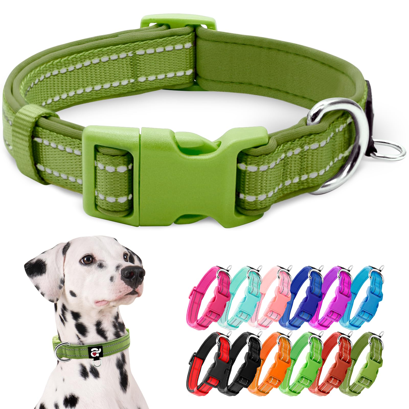 azuza Reflective Dog Collar, Soft Neoprene Padded Pet Collar with ID Tag Ring, Adjustable for Large Dogs,Army Green,L