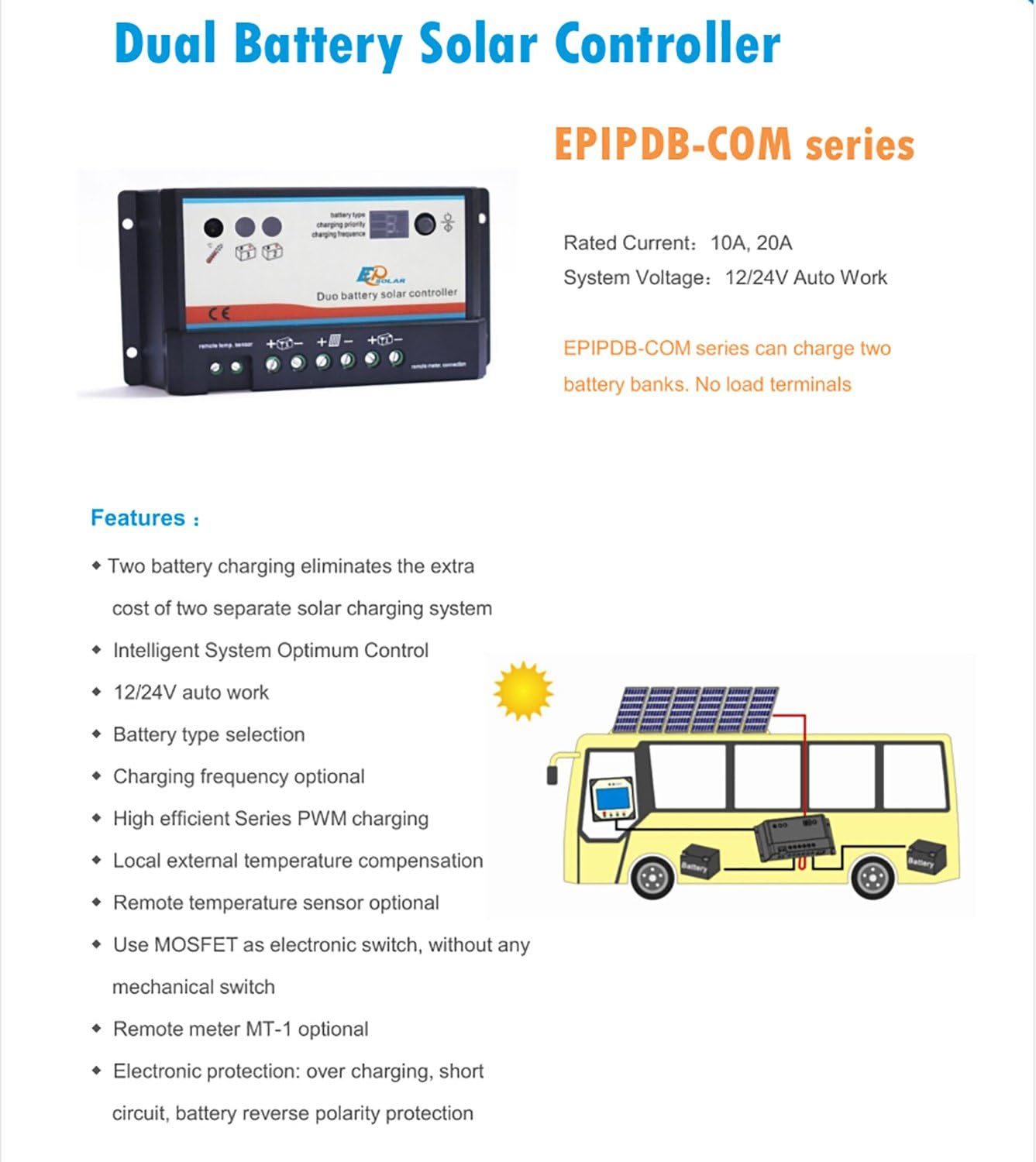 20A Duo Battery Solar Panel Charge Controller Regulator 12/24V