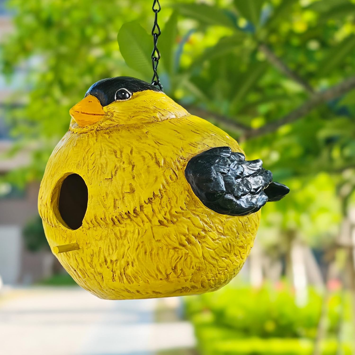 Sunny Yellow Bird House with Entry Hole, Outdoor Garden Decor Resin Birdhouse for Yard, Patio, Lawn, Weatherproof Hanging Birdhouse for Outdoor Use, Cheerful Garden Accent for Nature Lovers