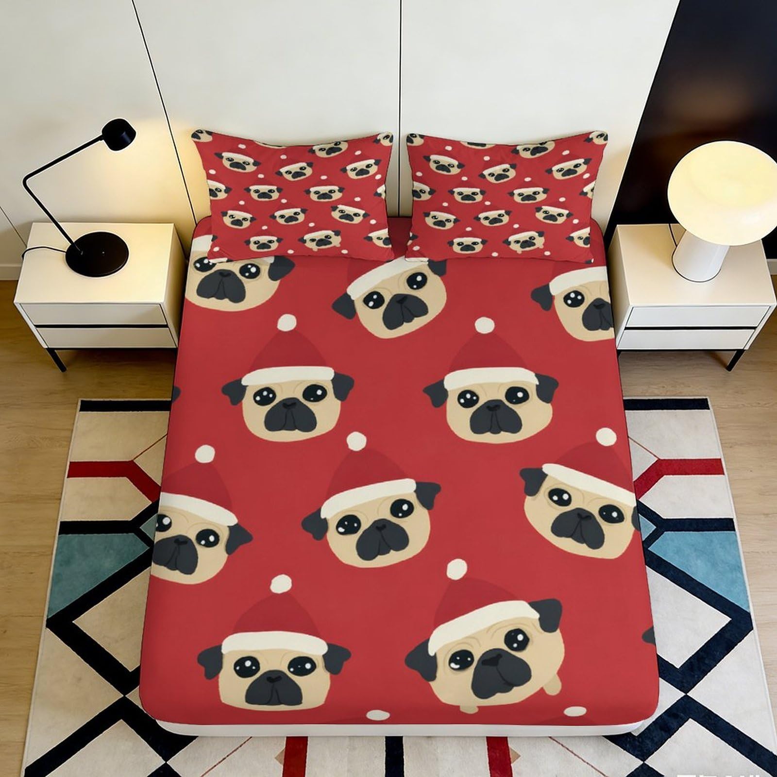 3D Printed Red Pug Dog Fitted Sheet Microfiber Soft Breathable Cartoon Pet Bed Cover for Bedroom Dorm Mattress Protection Decor 90x200x25cm