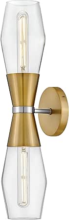 Lark Livie 83902LCB Tall Wall Sconce, Optional Vertical or Horizontal Mount, On/Off Button, Damp-Rated, Lacquered Brass and Polished Nickel