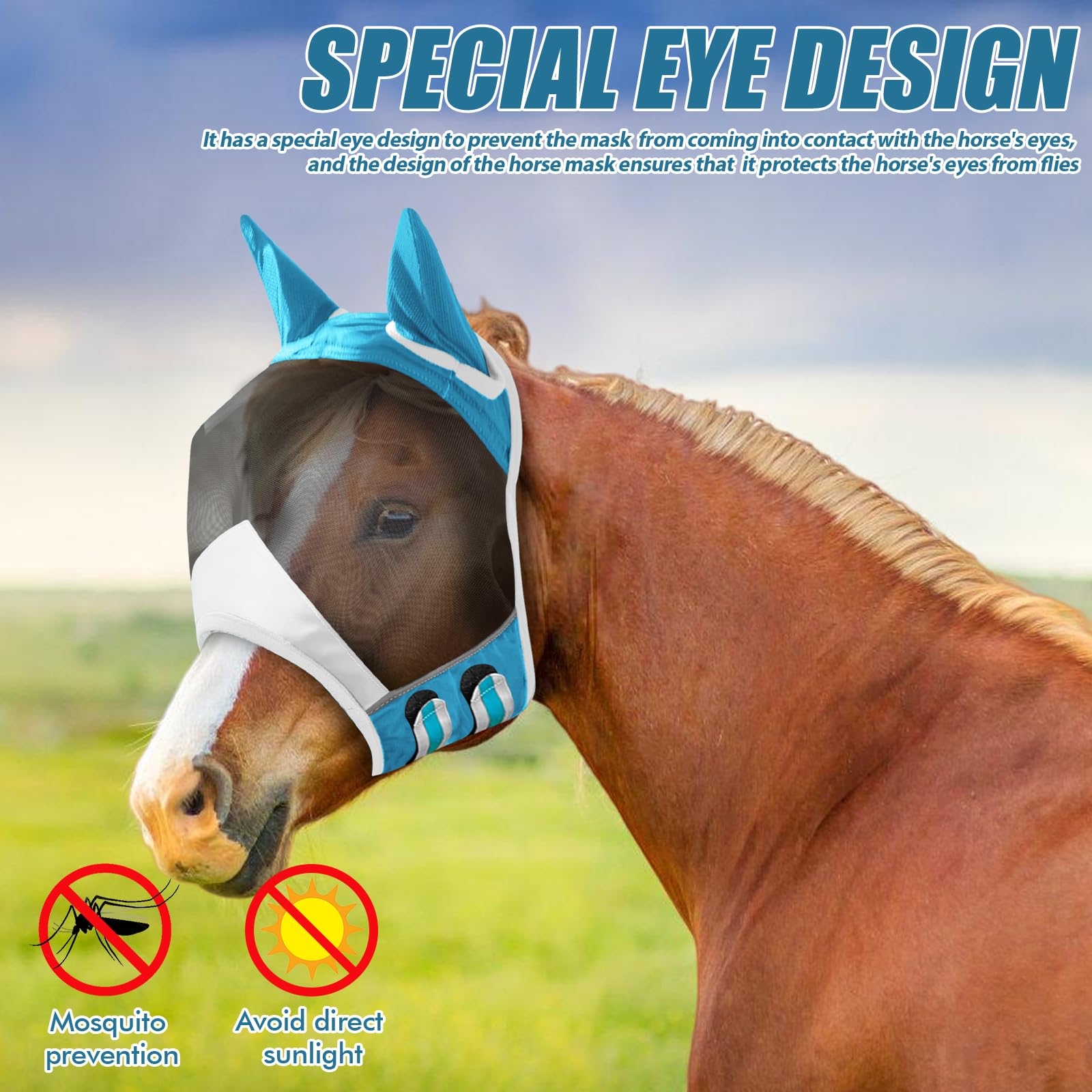 Máscara de mosca para caballo, protección UV con protección para las orejas, máscara de caballo con orejas, protección protectora, malla transpirable