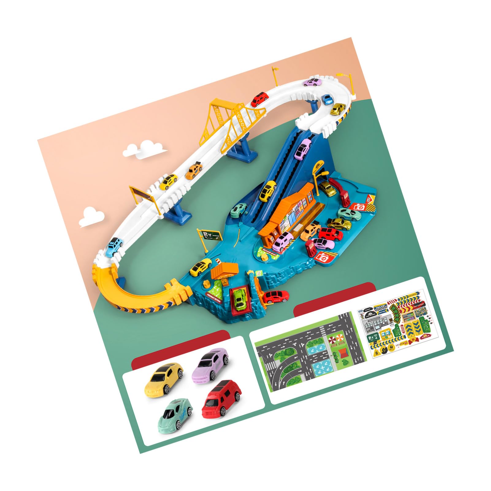 Rieles de Coche de Juguete, Pista de Aventura Flexible para Niños Pequeños, Juego de Vehículos Eléctricos, Regalo (Caja de Color de autopista (estándar para 4)