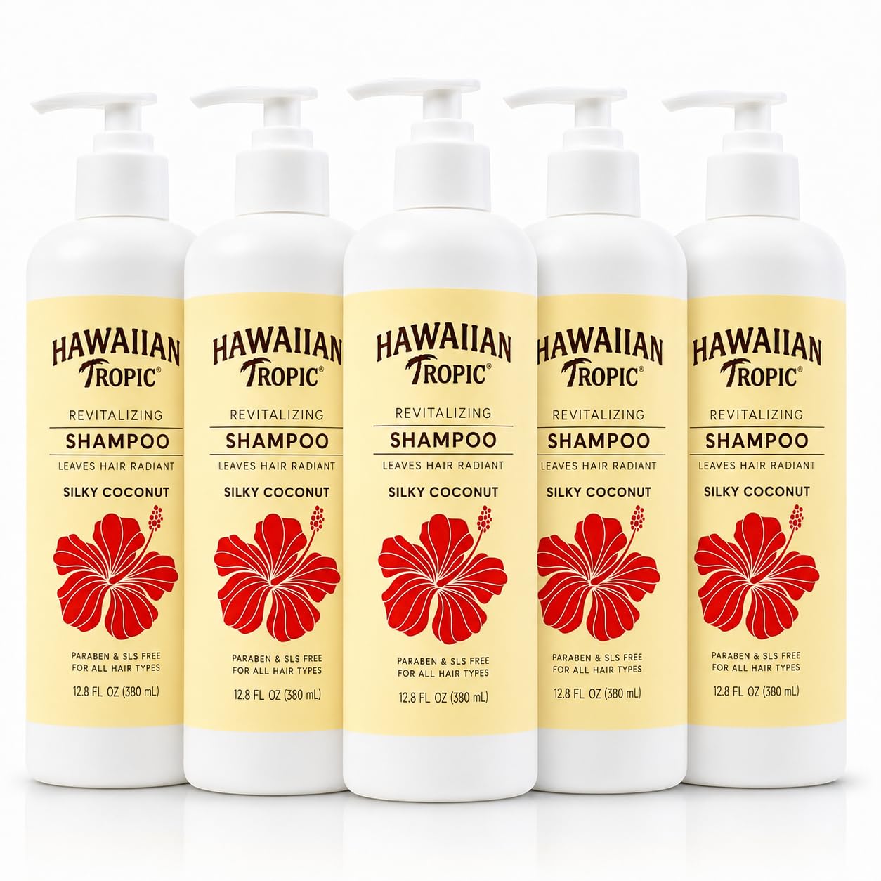 Hawaiian Tropic Shampoo, 5 Pack, 12.8 fl oz Pump Bottles, SLS & SLES Free Hair Shampoo, 64 fl oz Total, Bulk Shampoo for Hotels and Guest Bathrooms