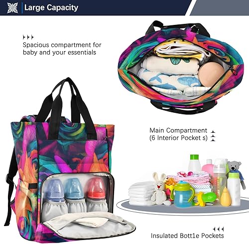 Miniatura 5 de Mochila para pañales con diseño de rosas y flores arcoíris, bolsa de bebé grande, mochila de viaje multifuncional, bolsa de pañales de maternidad