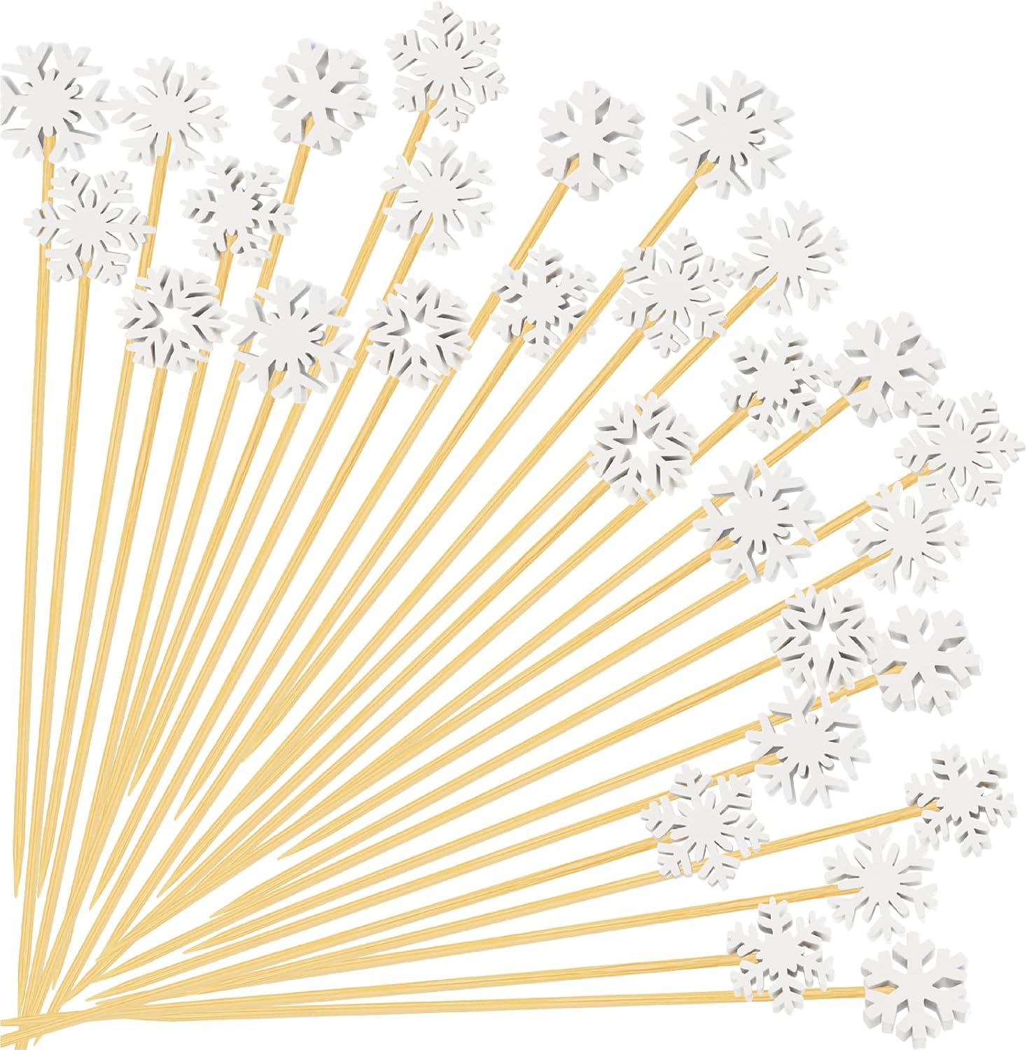 100 Christmas Snowflake Cocktail Picks, 6 Kind of Fancy Christmas Toothpicks for Appetizers, 4.7 IN Bamboo Charcuterie Skewers Food Sticks for Winter Snow Frozen Decorations Christmas Party Supplies