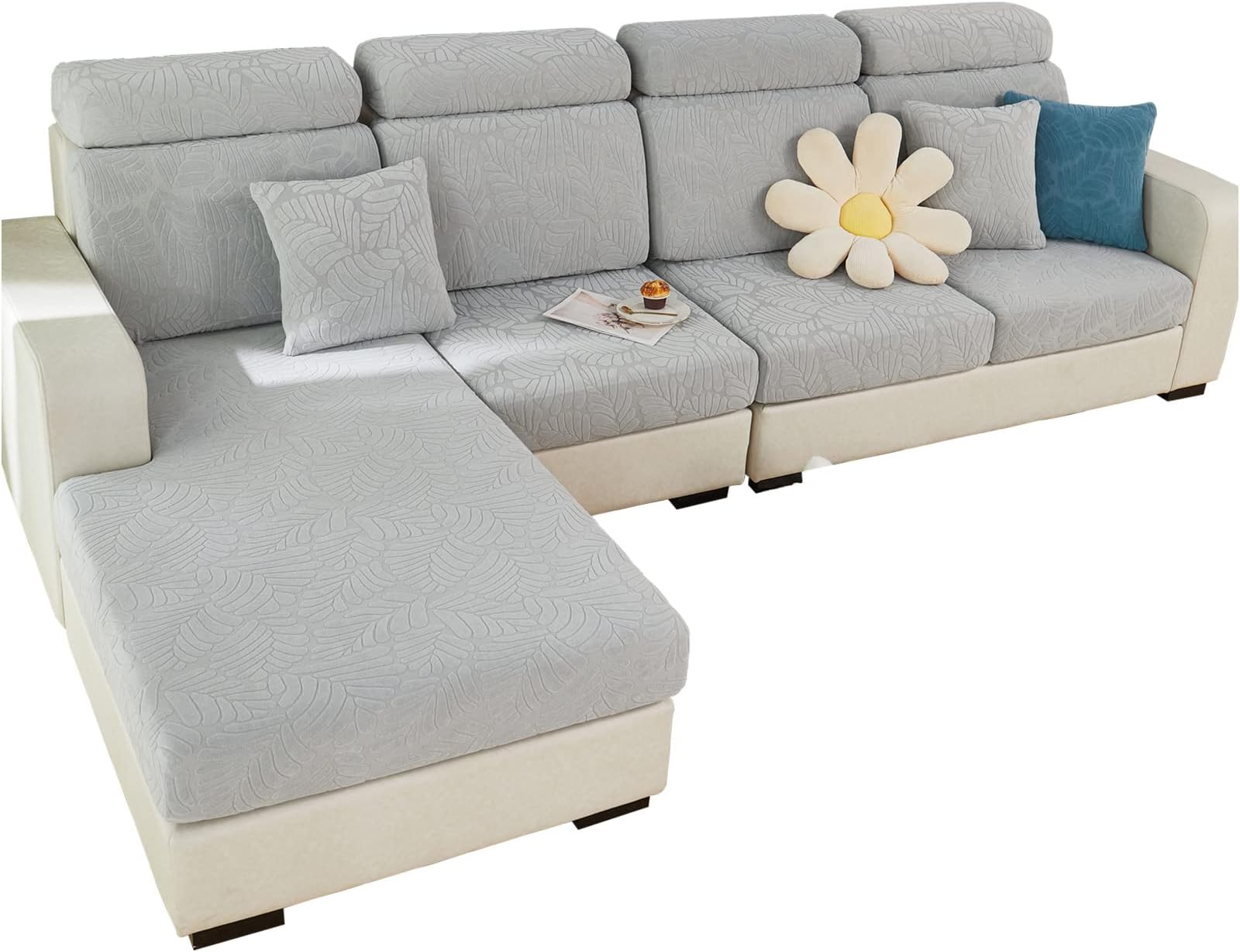 MIFXIN Magic Sofa Cover Stretch Universal Couch Cushion Covers L Shape Sectional Sofa Cushion Slipcover Furniture Protector (Leaves Light Grey, Pillow Cover)