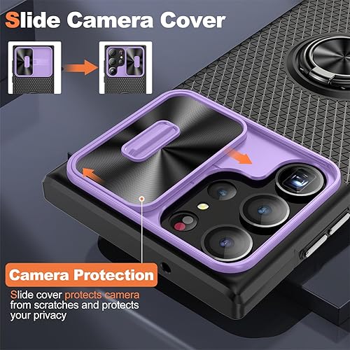 Miniatura 5 de Funda para Samsung Galaxy S23 Ultra con cubierta deslizante para cámara, textura antideslizante, con soporte de anillo, grado militar, a prueba de