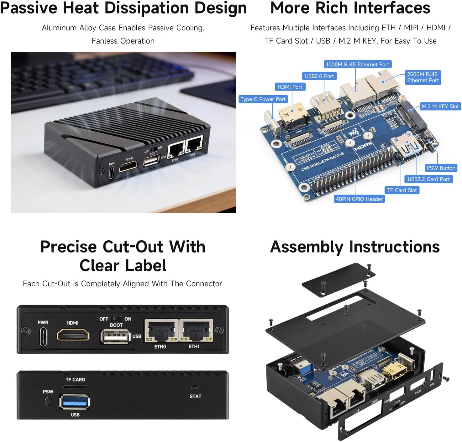 Waveshare Gigabit / 2.5G Dual Ethernet Mini-Computer (B), Compatible with Pi CM5, Dual RJ45 Ethernet Ports, Supports 4K Display Output and Dual MIPI Interfaces, Onboard 40Pin GPIO Header