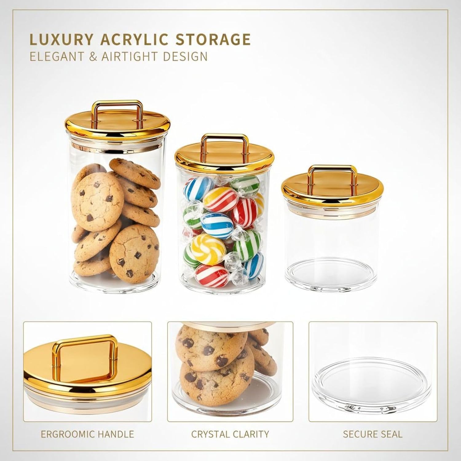 3 Pcs Gold Lid Acrylic Storage Jar Set, Airtight Canisters, 4.3 in Clear Bathroom Jars, Small, Medium, Large