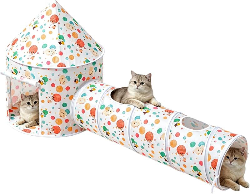 Túnel e Casa 2 em 1 para Gatos com Brinquedos de Bolinha ROIWUIE – Modelo 002