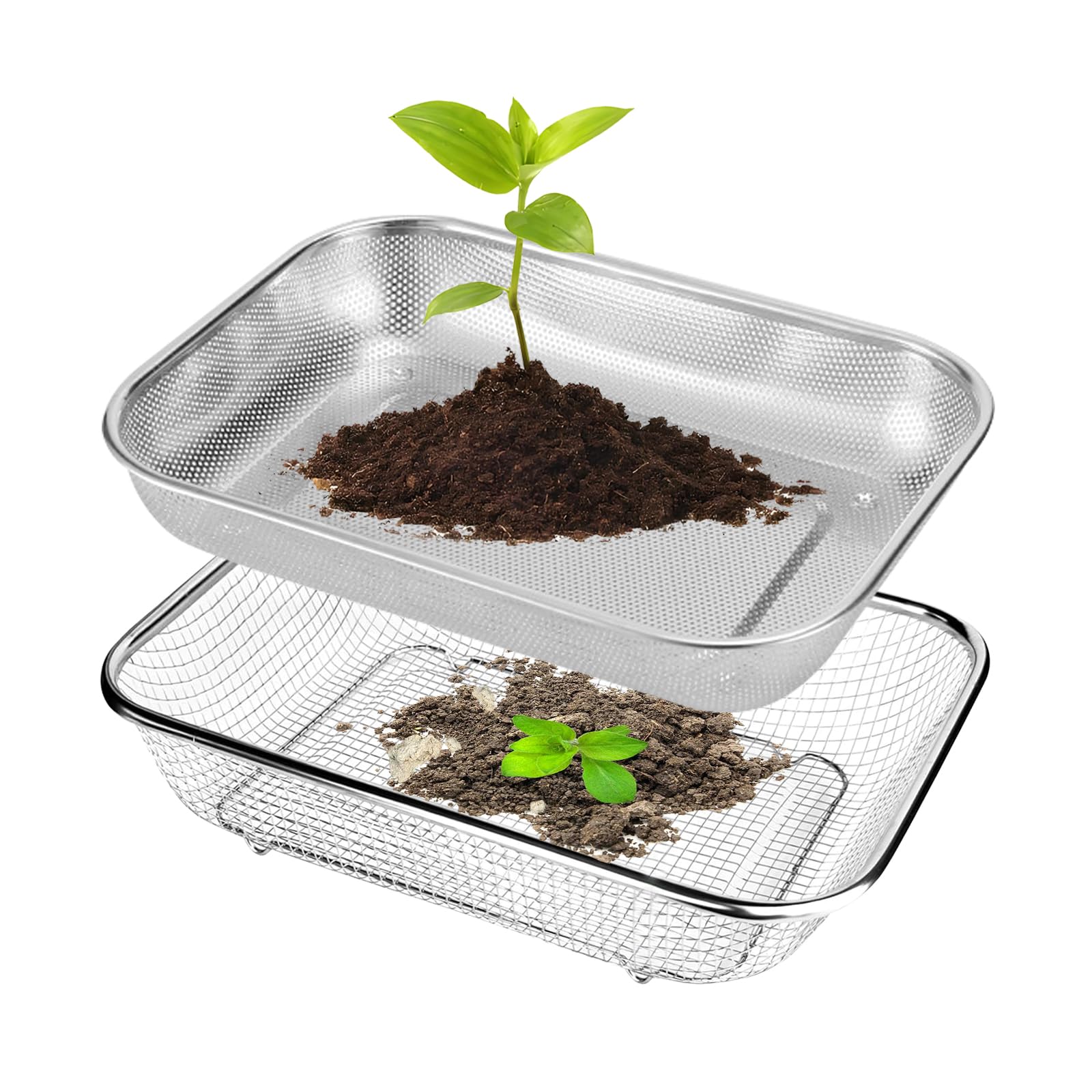 BJHYIZ 2PCS Garden Soil Sieve 1mm and 6mm Mesh, Stainless Steel Soil Rock Sifter Compost Sieves Garden Sifting Screen Metal Gardening Sieve for Stones Sand Cat Litter