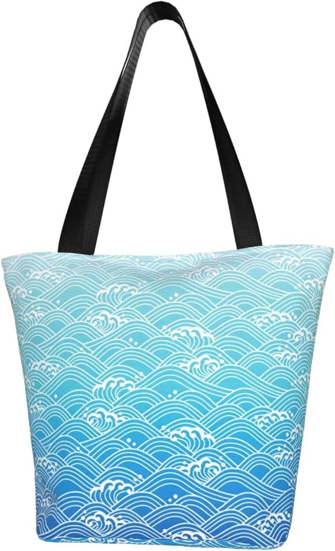 Amazon 男女兼用 水色 海 波 買い物袋 トートバッグ 耐久 防水 軽量 携帯便利 人気 おしゃれ手提げ袋 多機能 人気オシャレ ハンドバッグ ショルダーバッグ ショルダー トートバッグ 大容量 33 28 18cm トートバッグ