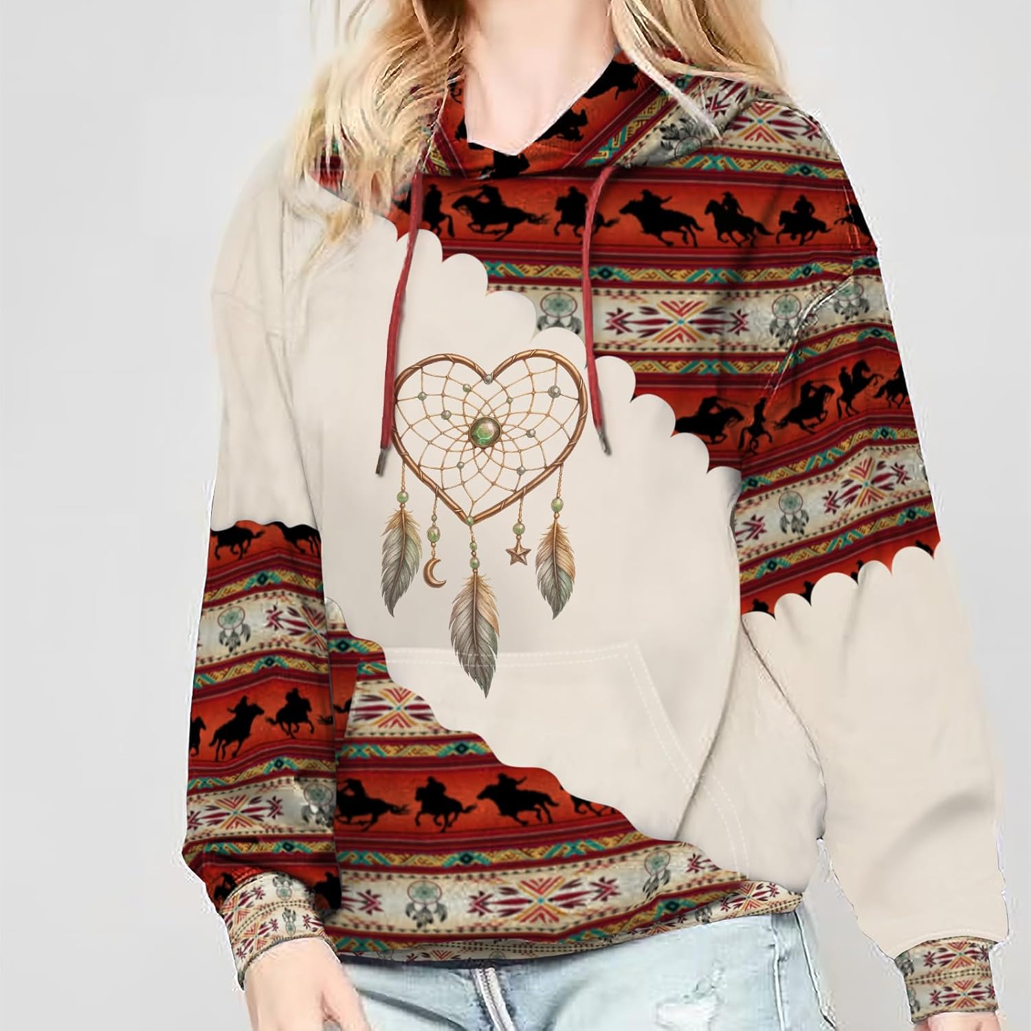 Lanaoree Women's Geometric Horse Print Aztec Hoodie Pullover Cowgirl Western Hooded Sweatshirt S-2XL - Image 3