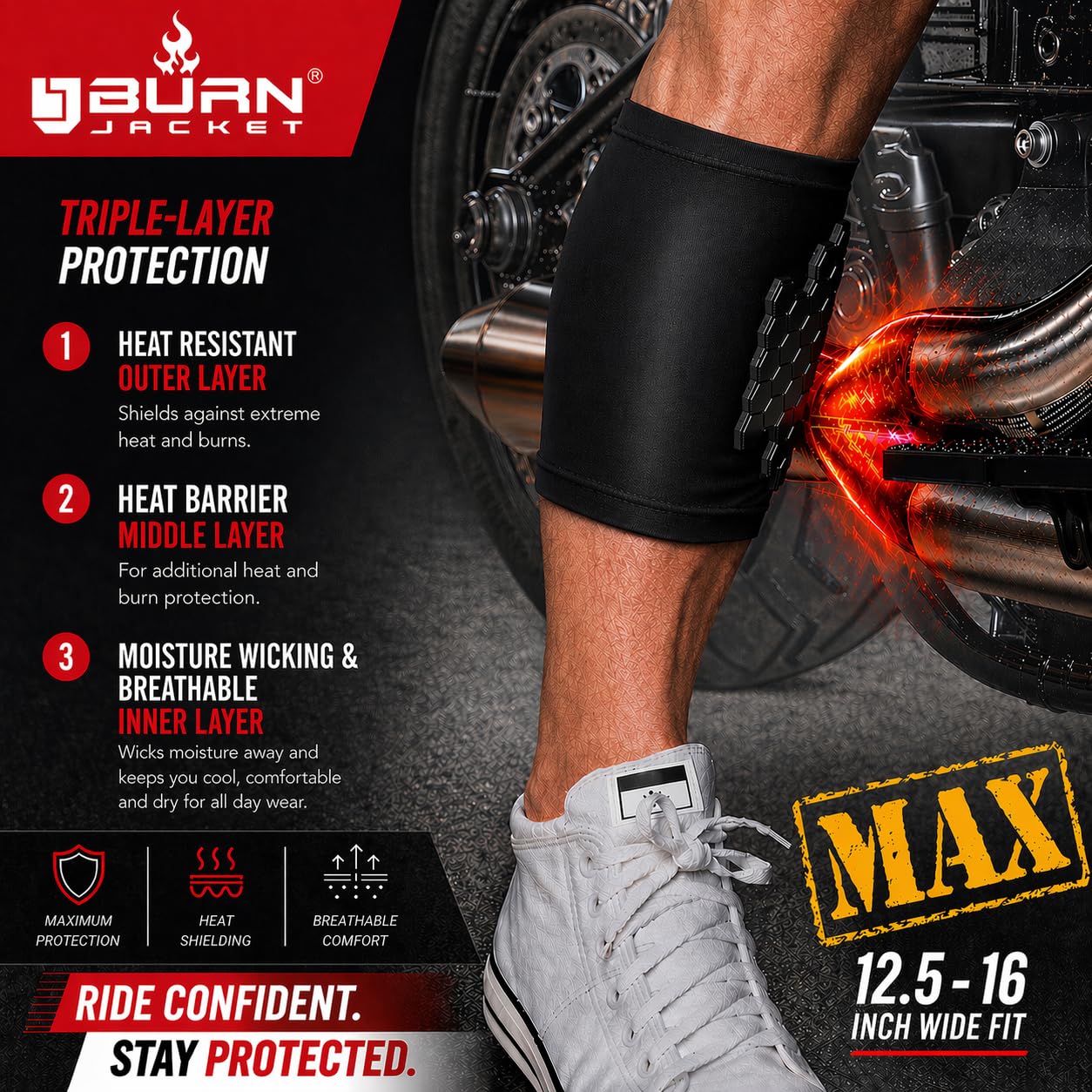 BurnJacket Max – Motorrad-Auspuff-Verbrühungsschutz mit dreischichtigem Schutz, passend für 31,8 cm bis 40,6 cm Wadenlänge, Hitzeschild für Beine
