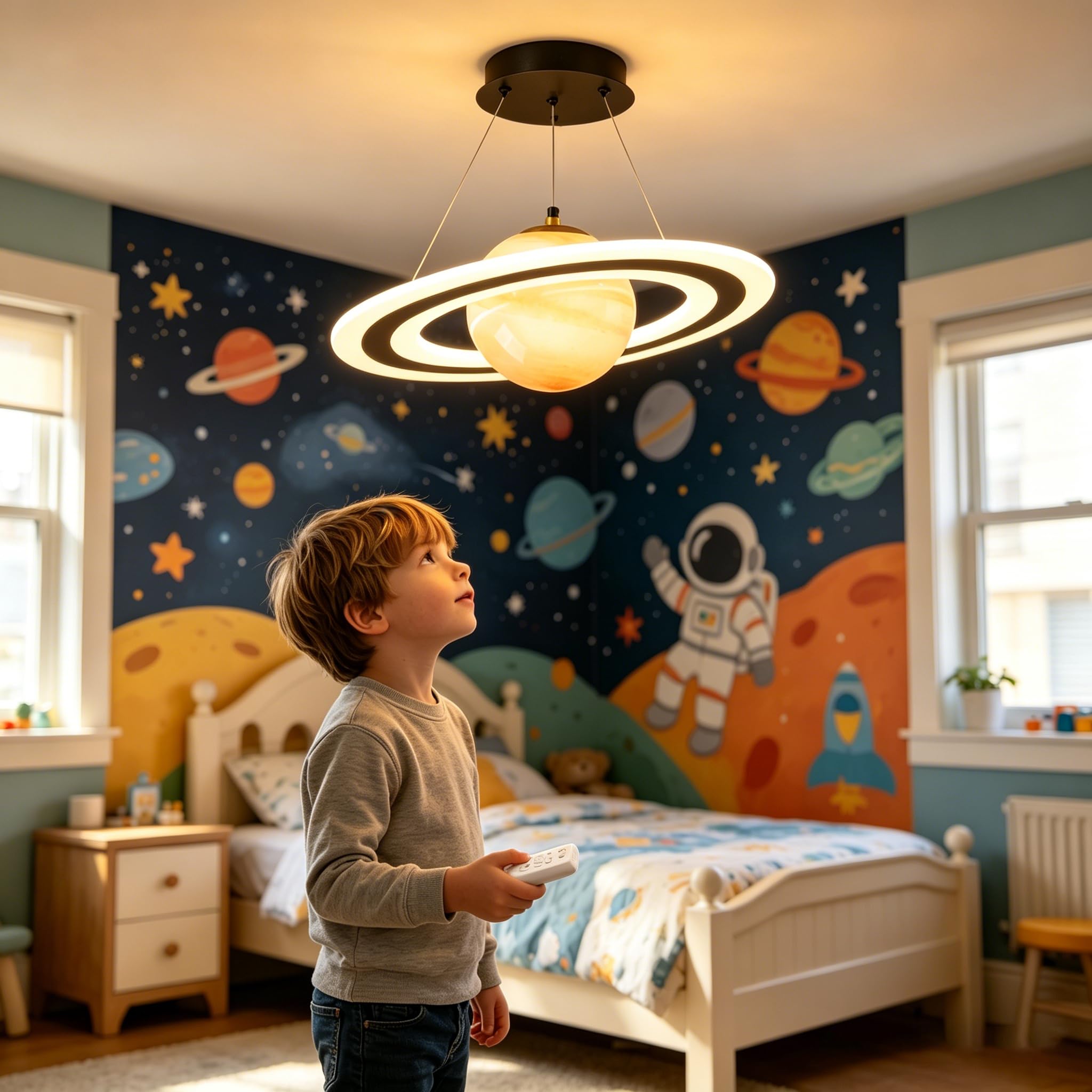DROMEZ Lampadario Cameretta Bambina Pianeti, 40W LED Lampadario Camera da Letto Bambini con Telecomando, Dimmerabile Lampada a Sospensione con Rotonda Paralume Vetro, per Ragazzi Ragazze