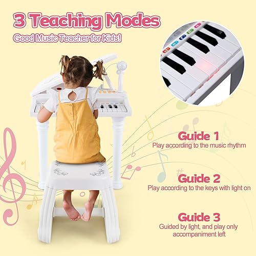 Miniatura 2 de HONEY JOY Piano clásico para niños, mini piano de cola de juguete de 31 teclas con soporte de música y taburete, juguete electrónico portátil de
