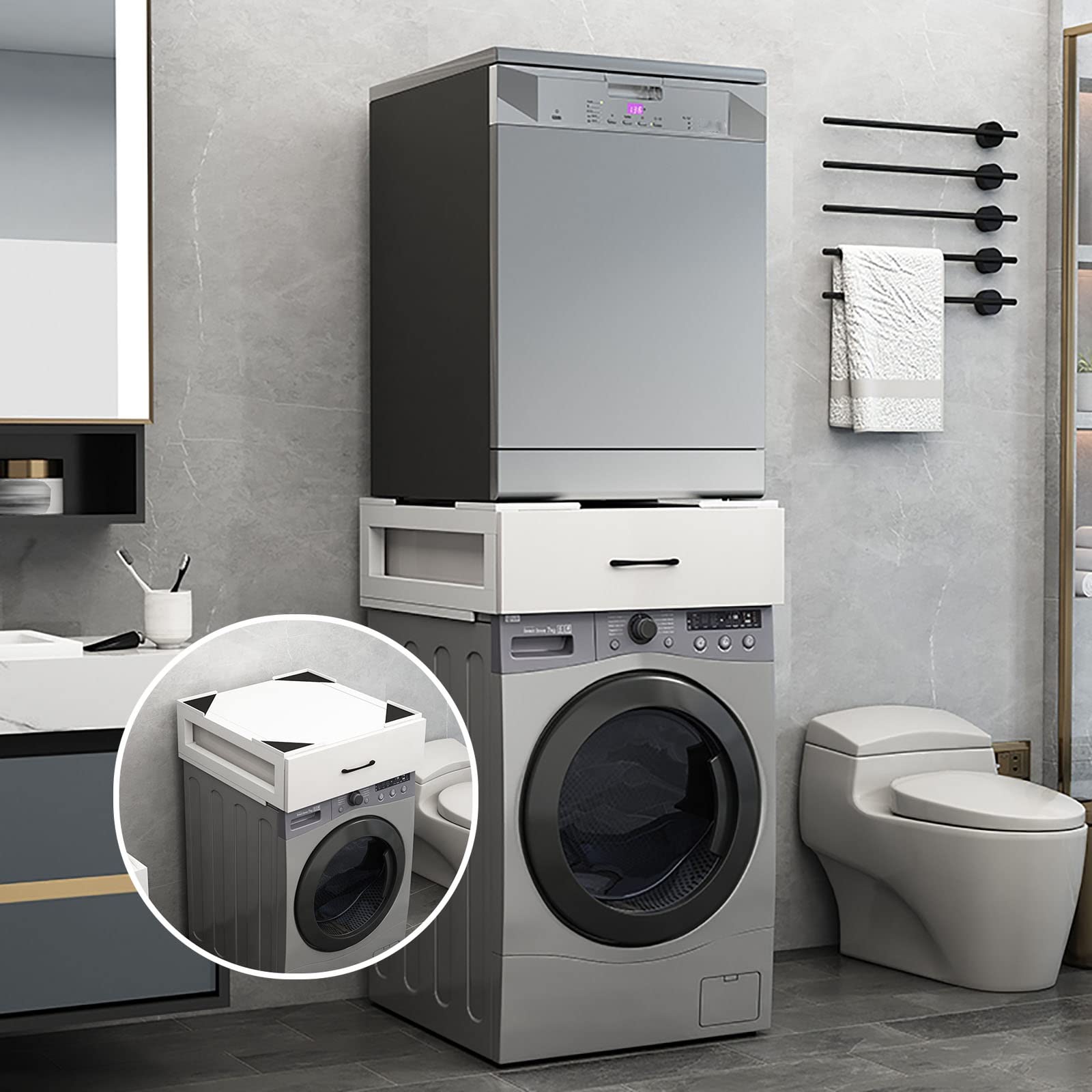 Universell Stapel/verbindungsrahmen Für Waschmaschine Und Wäschetrockner, Zwischenbaurahmen Mit Ausziehplatte Aus Kunststoff Zwischenbausatz Mit Auszug Als Ablage Für Wäschekorb