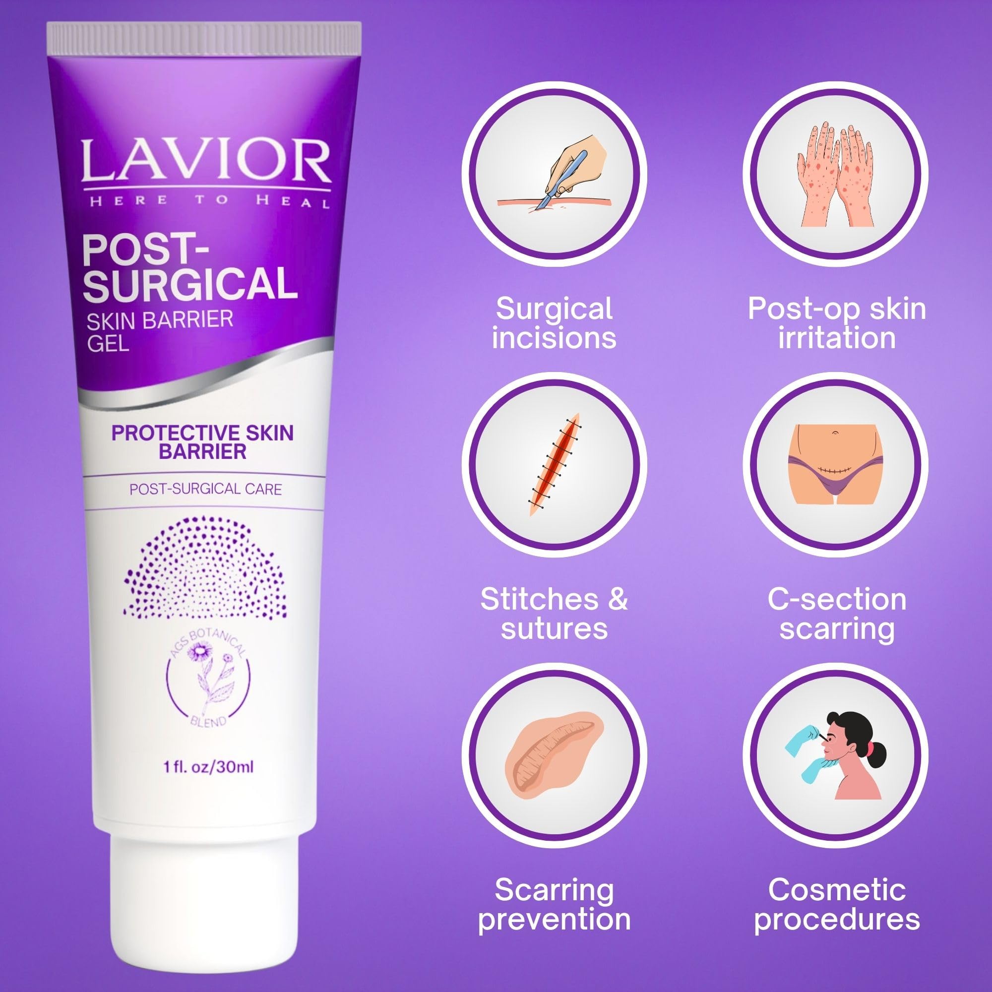 LAVIOR Botanical Gel post-quirúrgico (28,3 g) – Cuidado de recuperación de incisiones – Cuidado suave a base de plantas – Sin silicona