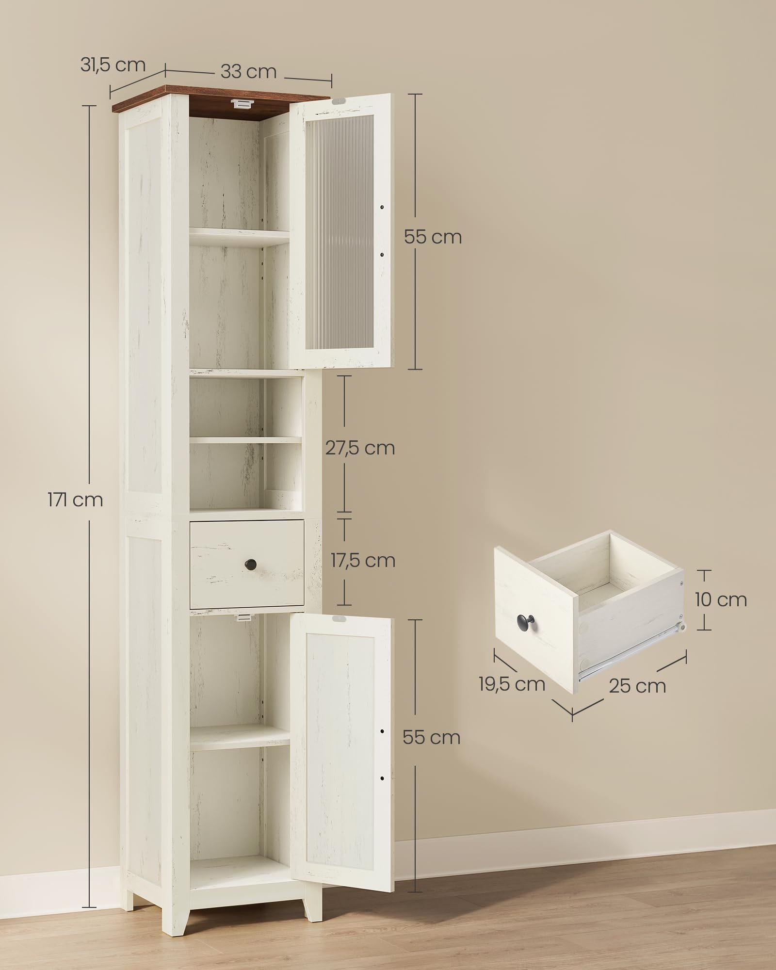 VASAGLE LIRY Kollektion - Badezimmerschrank im Landhausstil, Badschrank schmal, Badmöbel, offene Fächer, 1 Schublade, mit Türen, vintageweiß-honigbraun, 31,5 x 33 x 171 cm BBK660W101