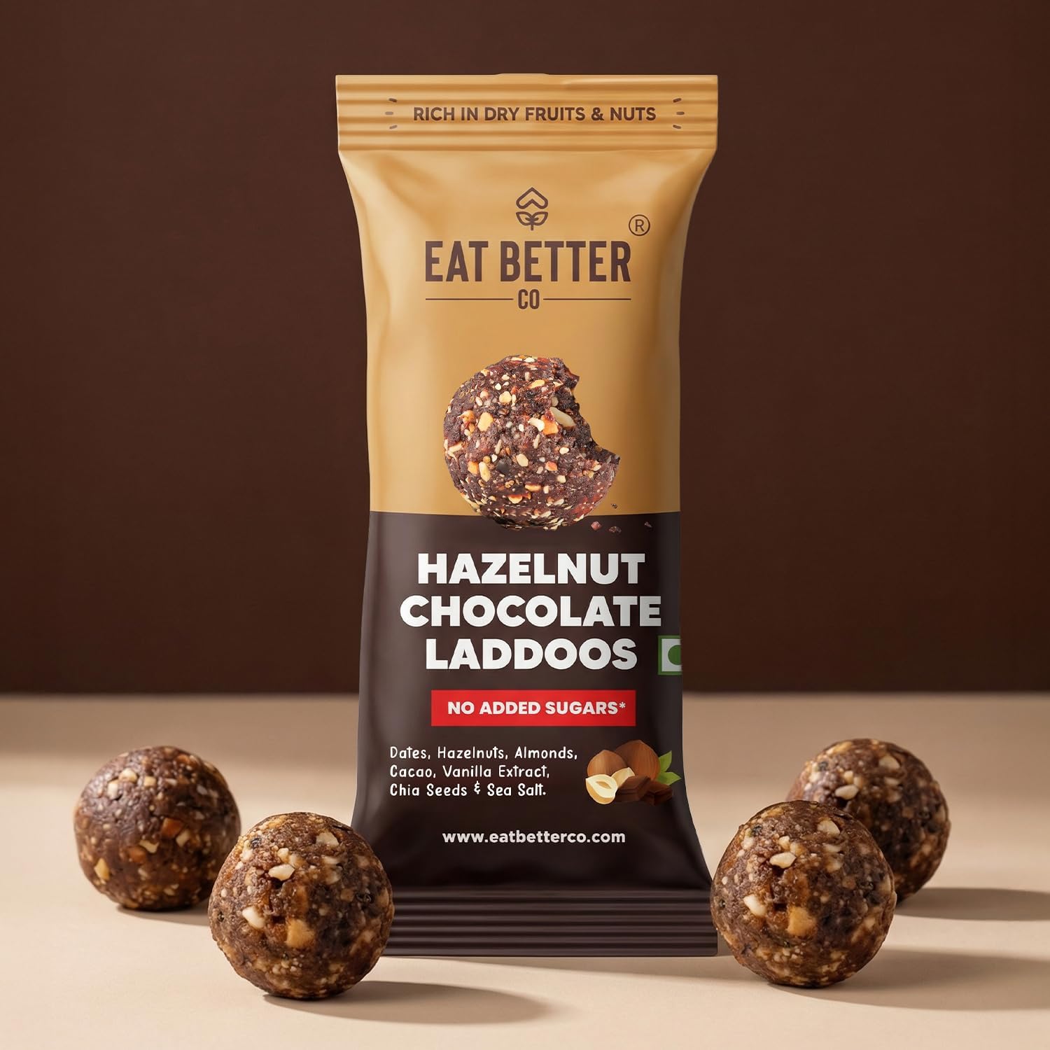 Hazelnut Chocolate Sugar-Free Laddoos | High Protein & Instant Energy | 95% Dry-Fruits - Healthy Chocolate โ No Added Sugar | Healthy Snacks | Energy-Bar Replacement (Pack of 4-40gm)