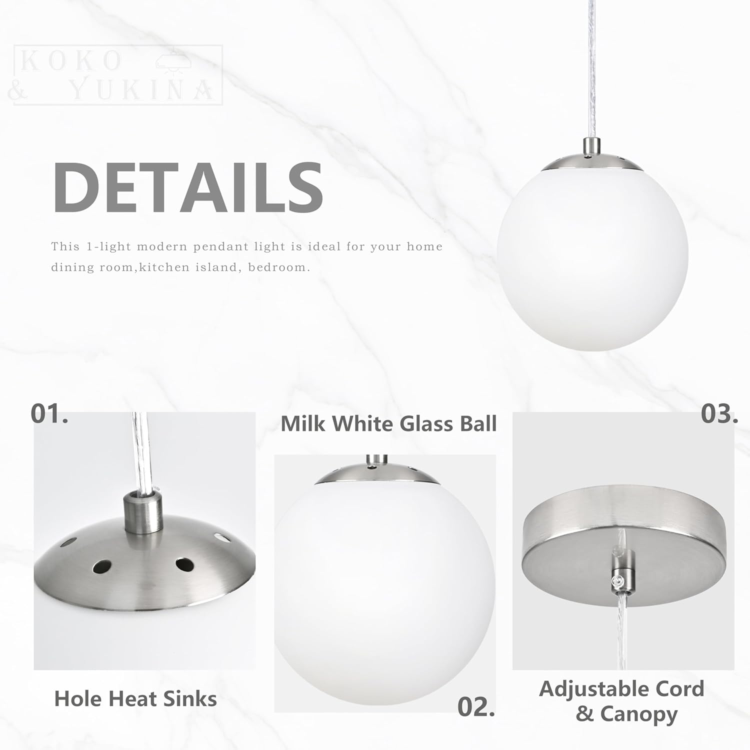 KoKo&Yukina 6 Inch Globe Pendant Light Nickel Globe Pendant Lights Kitchen Island Mid Century Light Fixture with Milky White Glass Shade for Dining Room (2 Pack)