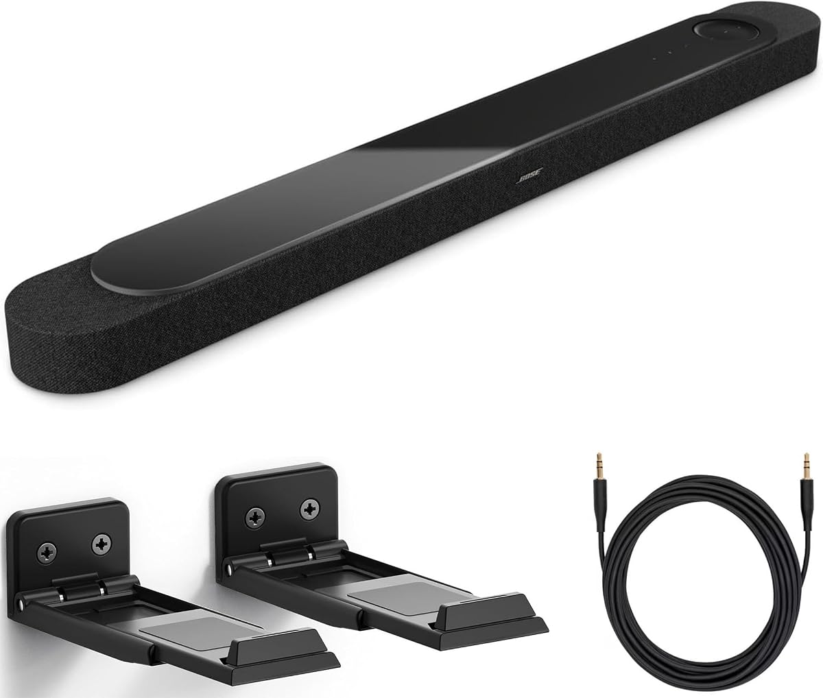 Bose Lifestyle Ultra Soundbar Bundle con cable auxiliar, soporte de pared, barra de sonido inalámbrica para TV con Dolby Atmos, sonido envolvente, (negro)