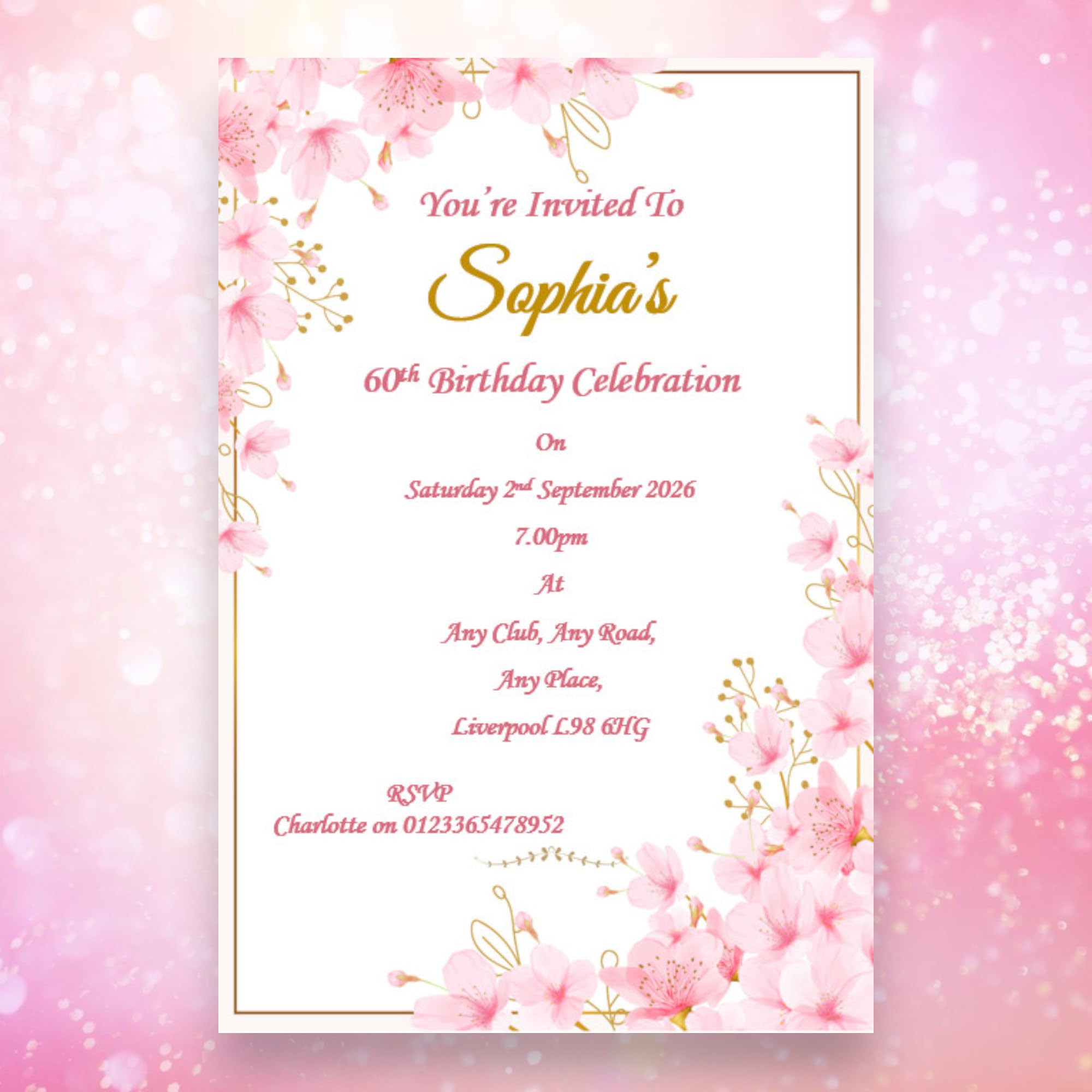 Bespoke Candy Delights Personalised Beautiful Pink Floral Birthday Party Invitations - Invites, Any age & Surprise can be added 16th 18th 21st 30th 40th 50th 60th 70th 80th Ref BD122 (100)