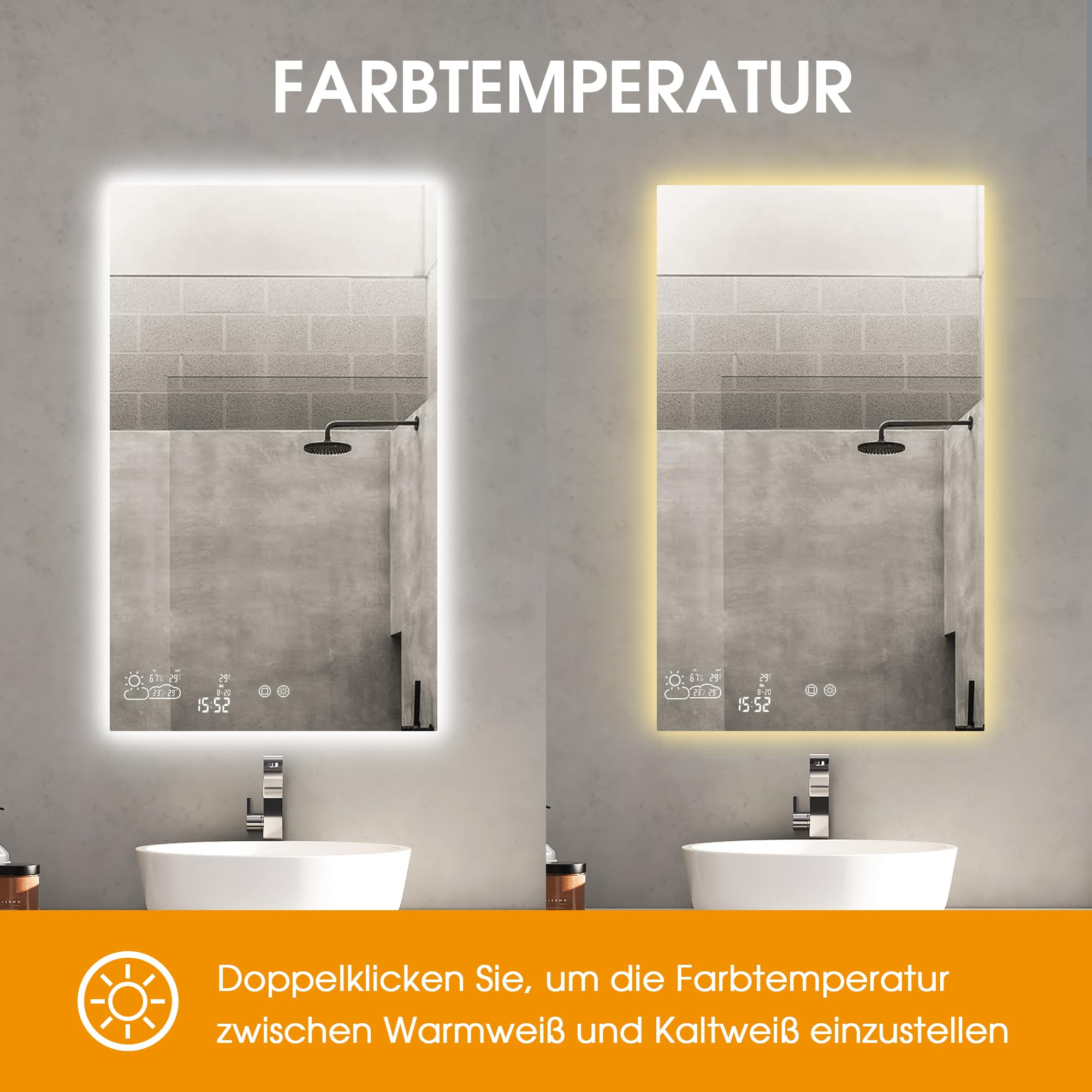 byecold Infrarotheizung 350W Spiegelheizung Spiegel Heizung Infrarot Badspiegel mit Wetter Touchschalter Smart WiFi Badezimmerspiegel mit LED Beleuchtung Warm/Kalt - Vertikal 60X100CM