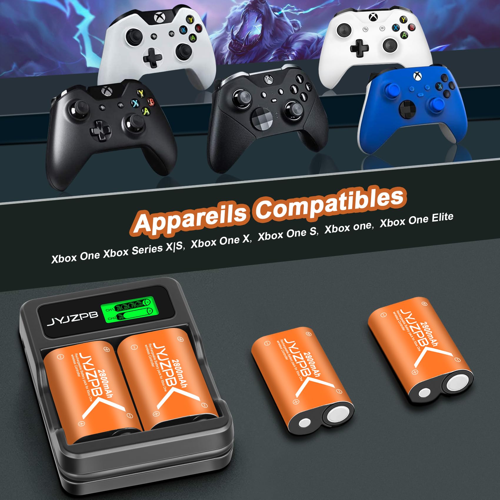 JYJZPB Batterie pour Manette Xbox One, 4X 2800mAh Batterie pour Manette Xbox One/Xbox Series X/S avec Chargeur de Batterie Xbox