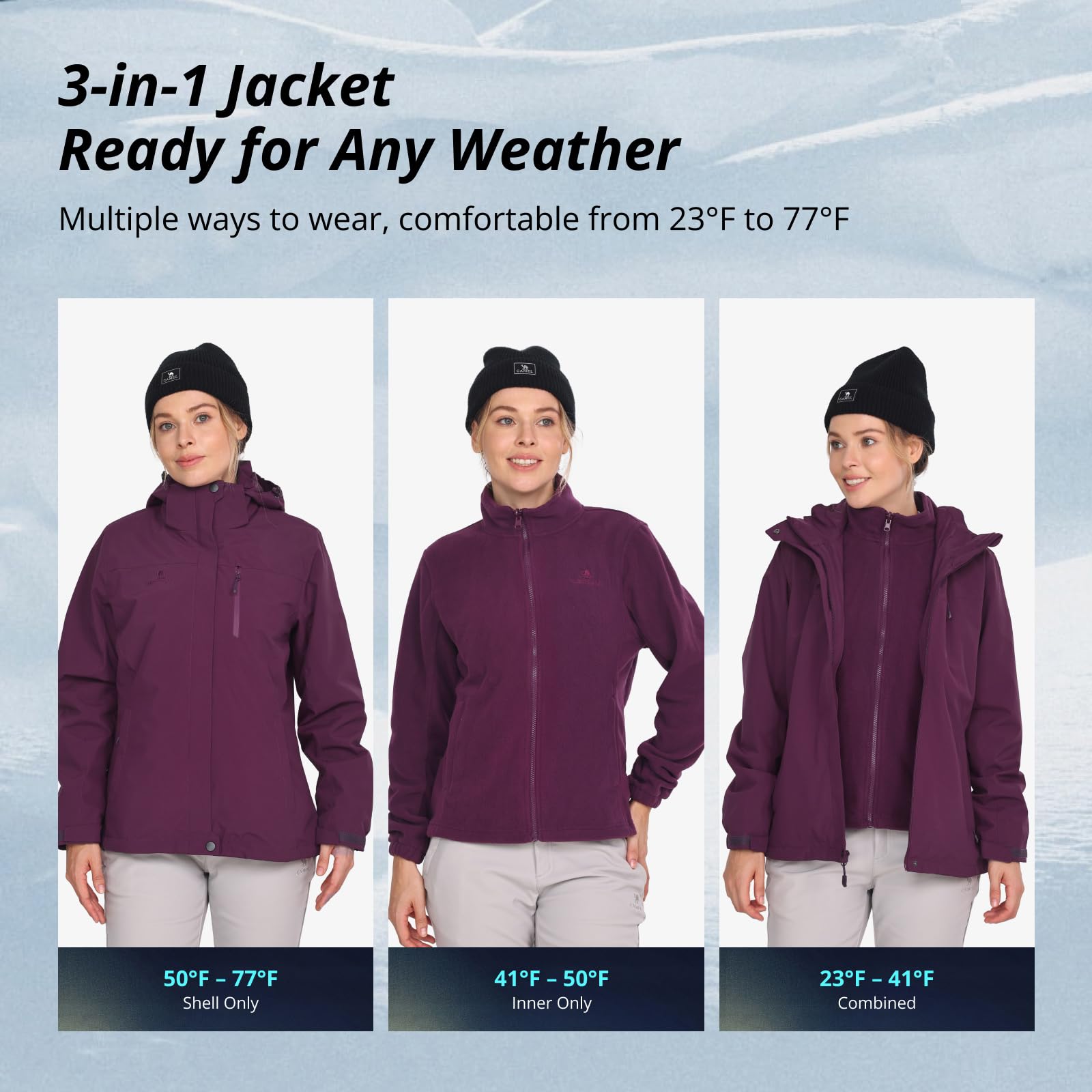 CAMEL CROWN Damen 3 in 1 wasserdichte Skijacke Winddicht Wintermantel Fleece Innen Schnee Snowboardjacke Outdoor
