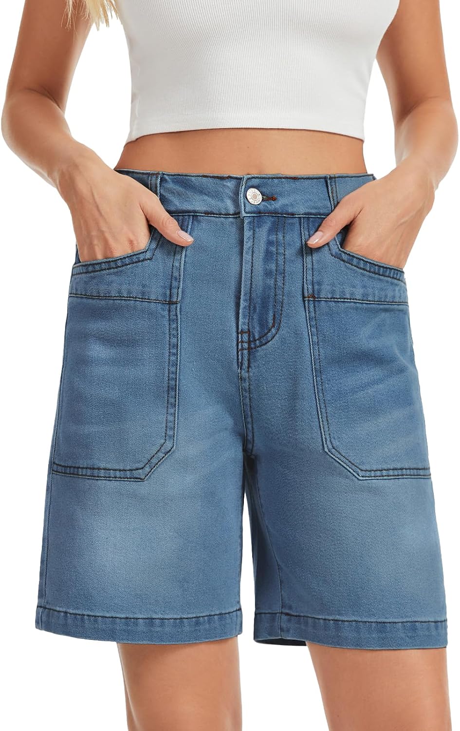 Metietila Womens Bermuda Shorts High Waisted Wide Leg Baggy Stretch Denim Jean Shorts for Relaxed Fit