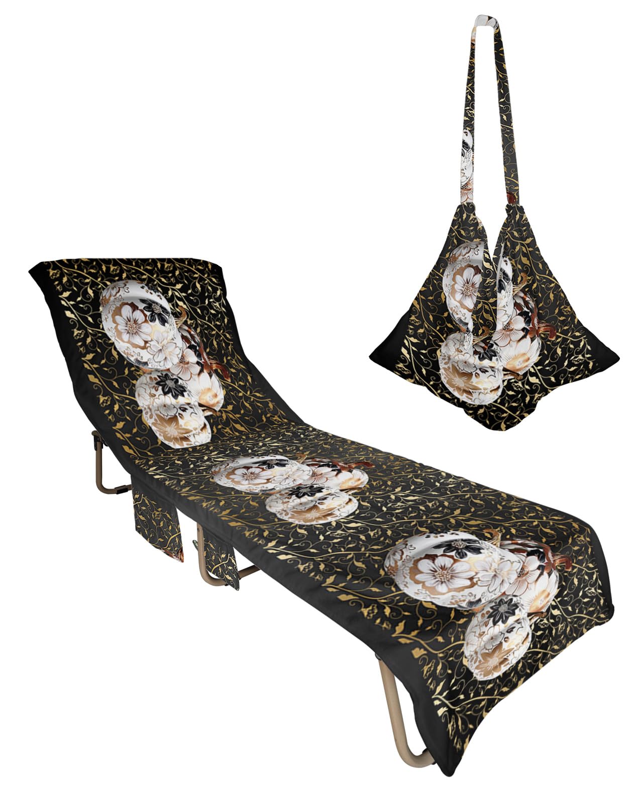 Thanksgiving Autumn, Beach Lounge Chair Towel Cover, Soft Chaise Lounge Towel with Side Pockets Patio Pool Chairs Cover for Beach/Pool Sunbathing 29x85 Fall Pumpkins European Luxury Flower Leaves