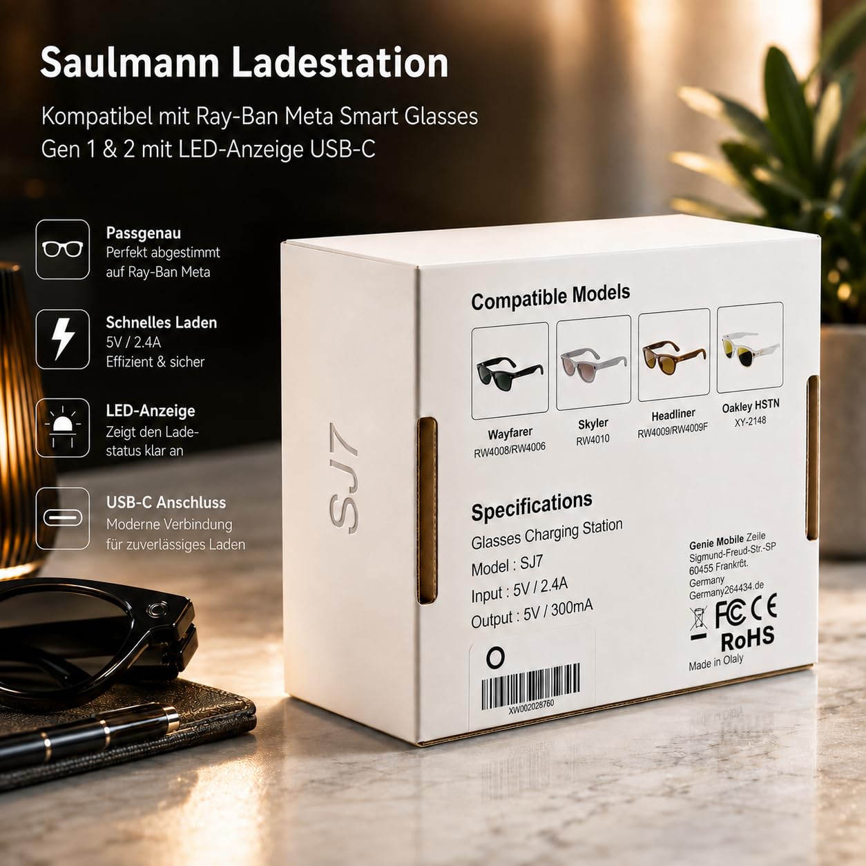 Saulmann Stazione di ricarica e cavo compatibile con Ray-Ban Meta Smart Glasses Gen 1 & 2 con indicatore LED USB-C. Incl. 2 x LED Blocker - SJ7 BIANCO
