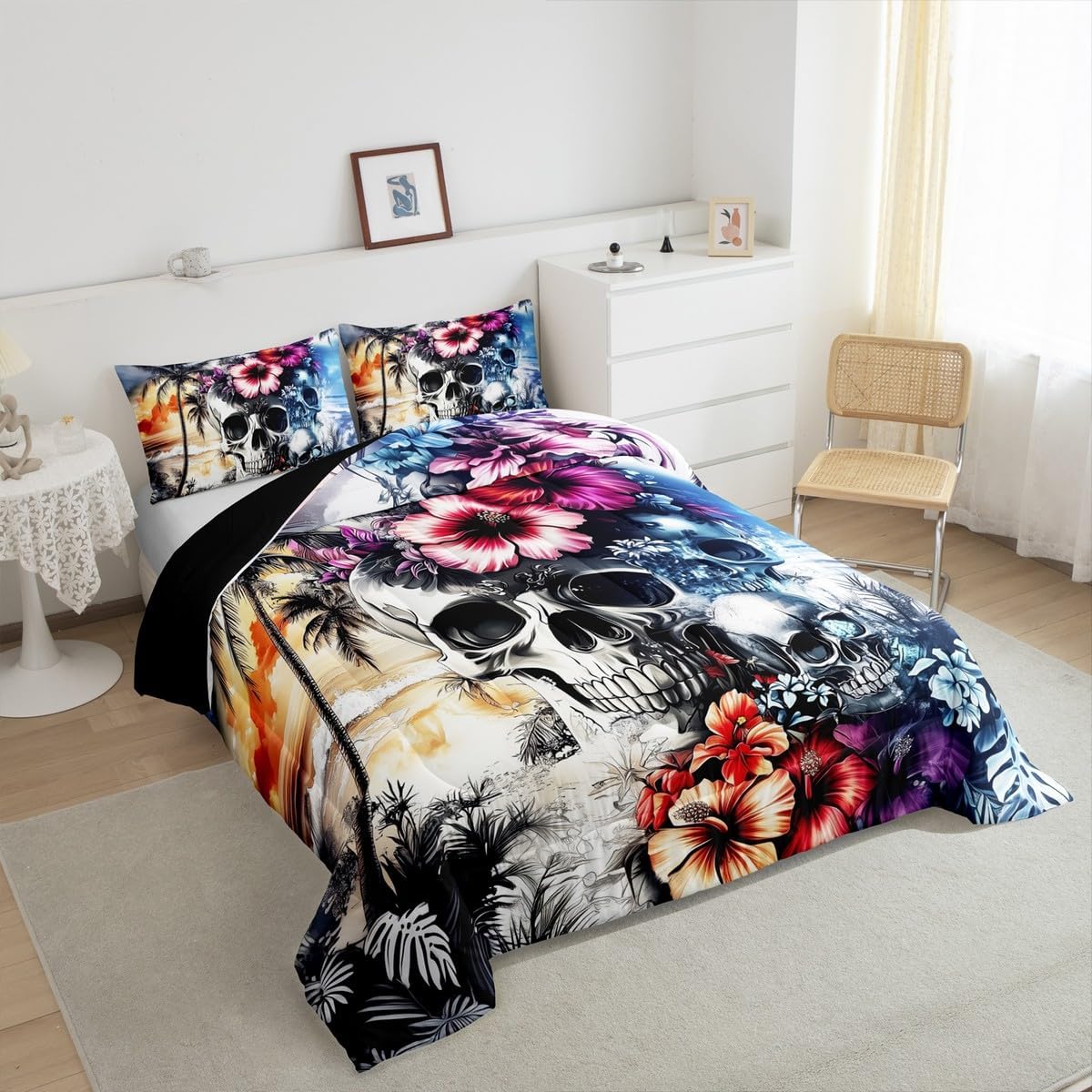 Flower Skull Bedding Sets Queen Size,Tropical Hawaii Comforter Set for Kids Boys Teen Adult Room Decor,Colorful Floral Palm Leaf Down Comforter Seaside Beach Reversible Quilt Set,2 Pillowcases
