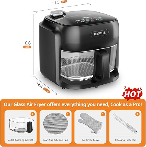 Miniatura 4 de BOSWELL Freidora de Aire de Vidrio, Tazón de Borosilicato de 7.5QT con Calor Circulante, Pantalla Táctil Digital, Temperatura Máxima de 400F