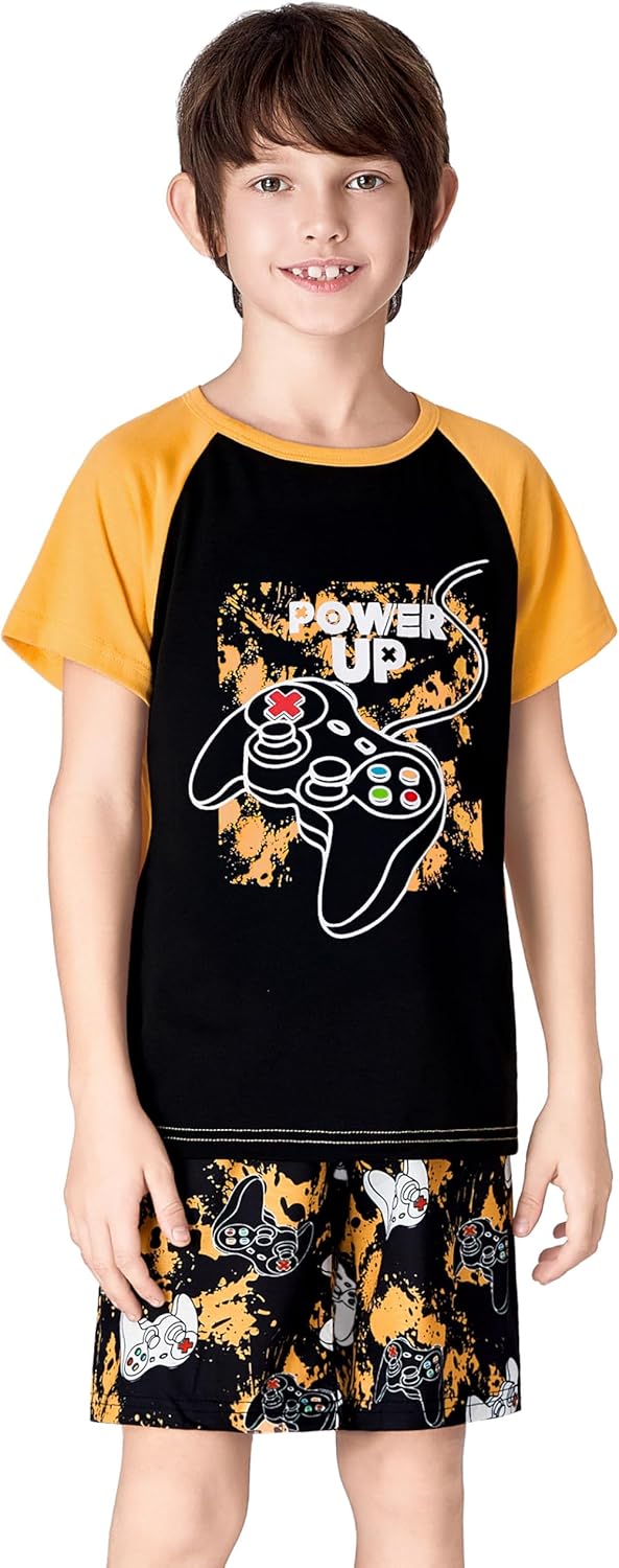 Tebbis 2-Piece Cozy Pajamas For Little/Big Boys Gamer Yellow Short Sleeves Cool PJs Set Kid Size 6-18 - Image 4