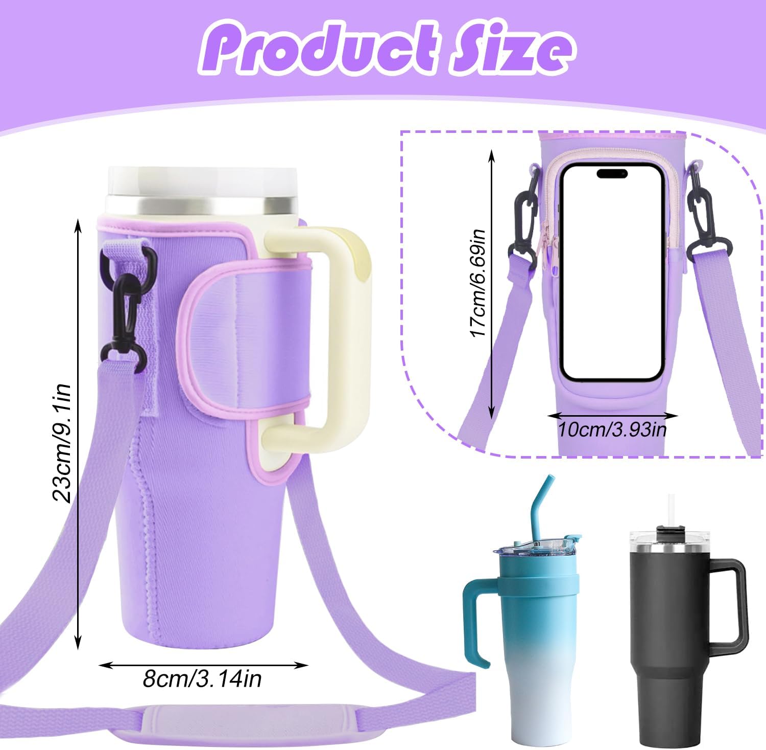 Water Bottle Carrier Bag Bottle Bag for Stanley Cup 40oz Stanley Cup Holder with Strap Stanley Cup with 4Pcs Silicone Straw Cover Accessories for Stanley Cup for Walking, Travel, Purple