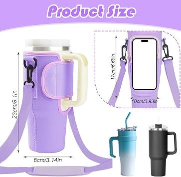 Water Bottle Carrier Bag Bottle Bag for Stanley Cup 40oz Stanley Cup Holder with Strap Stanley Cup with 4Pcs Silicone Straw Cover Accessories for Stanley Cup for Walking, Travel (Purple)