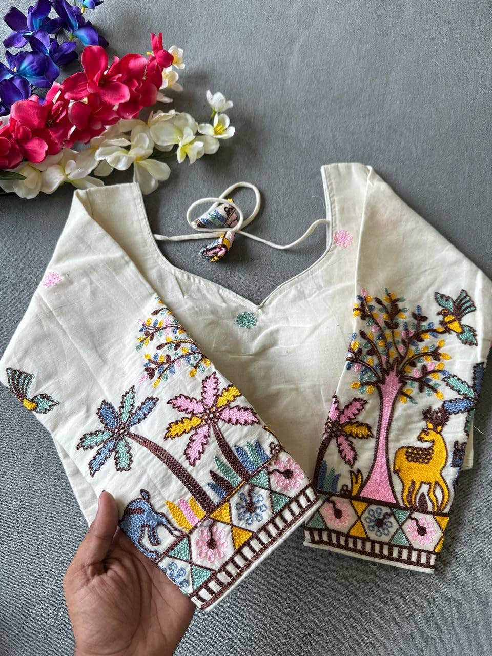 shrisay creation Women Off White Embroidered Cotton Blouse with 3/4th Sleeves, V Neck Front and Dori Tie Back Cut Design for Saree and Ethnic Wear | Size 38 (Alterable 36–40)-picture-29