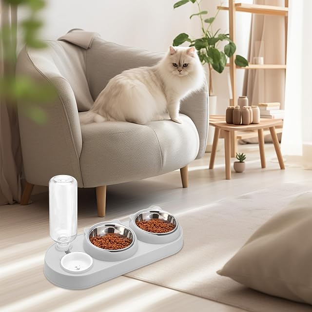 Foto 6 de 7 de Juego de comedero y agua para gatos 3 en 1, comedero para gatos de acero inoxidable, inclinable 15°