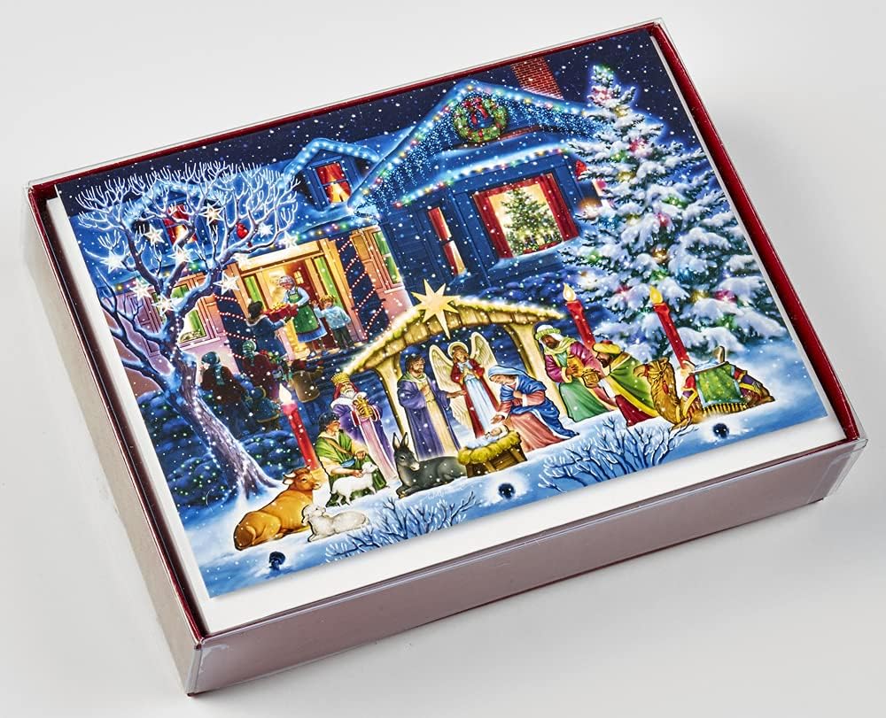 Nighttime キリスト降誕クリスマスカード - カード15枚とホイル裏地付き封筒16枚