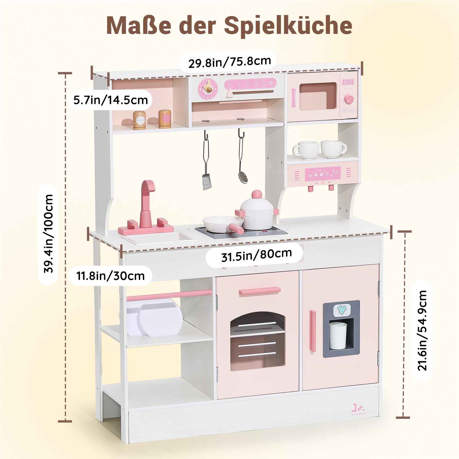 SainSmart Jr. Kinderküche Holz Spielküche für Kinder, Rosa – mit Licht & Sound, Eiswürfelspender, Mikrowelle, Backofen & Spüle, große Kinder Küche mit Zubehör, Rollenspiel ab 3 Jahren