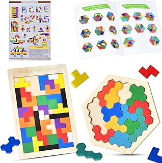 Wooden Blocks Puzzle, 2 Pack 3D Intelligence Colorful Puzzle Brain Teasers Tetris Toy Assembly & Disentanglement Puzzles Montessori Educational Gift for Kids (54 Pcs)