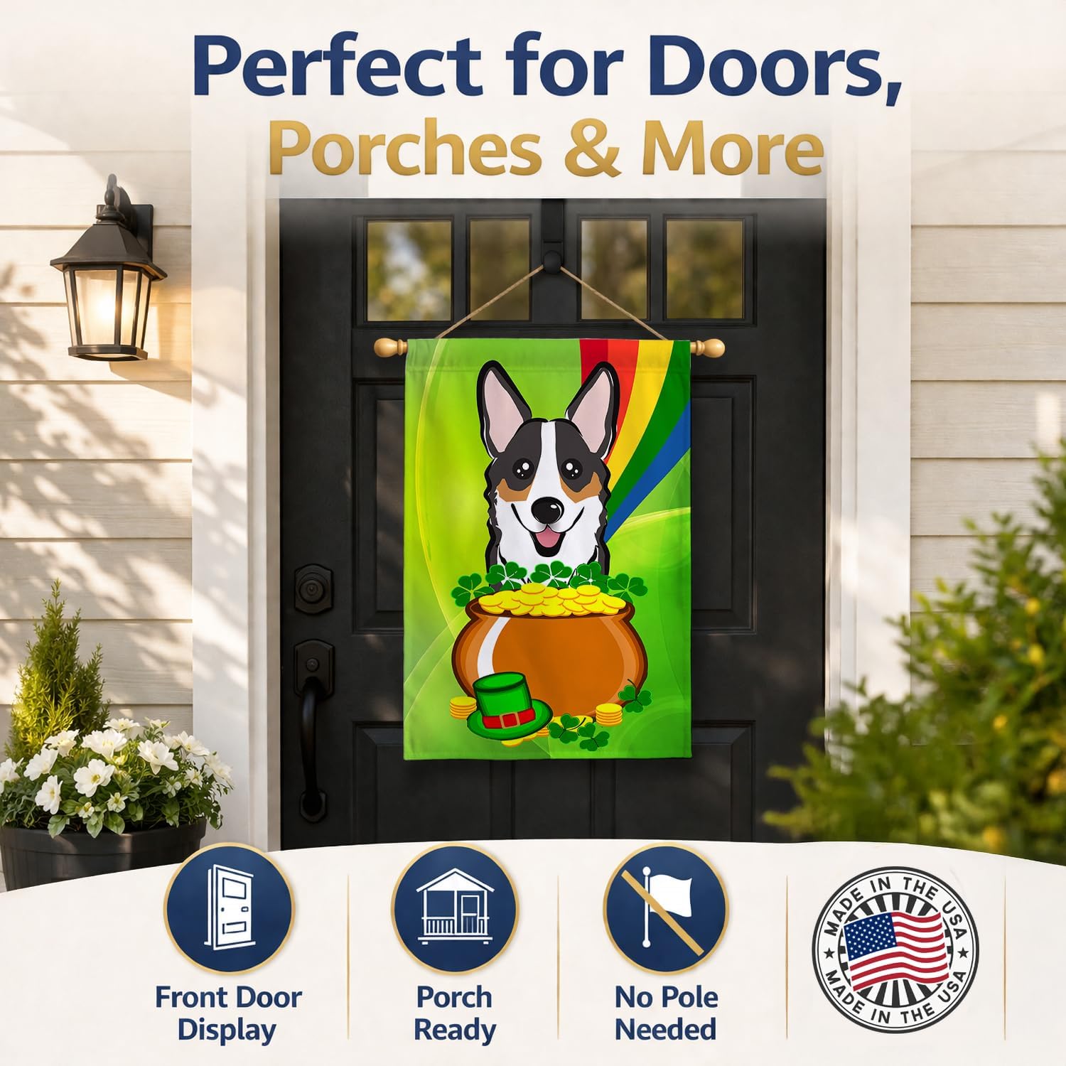 Caroline's Treasures BB1999CHF Tricolor Corgi St. Patrick's Day House Flag Large Porch Sleeve Pole Decorative Outside Yard Banner Artwork Wall Hanging, Polyester, House Size, Multicolor